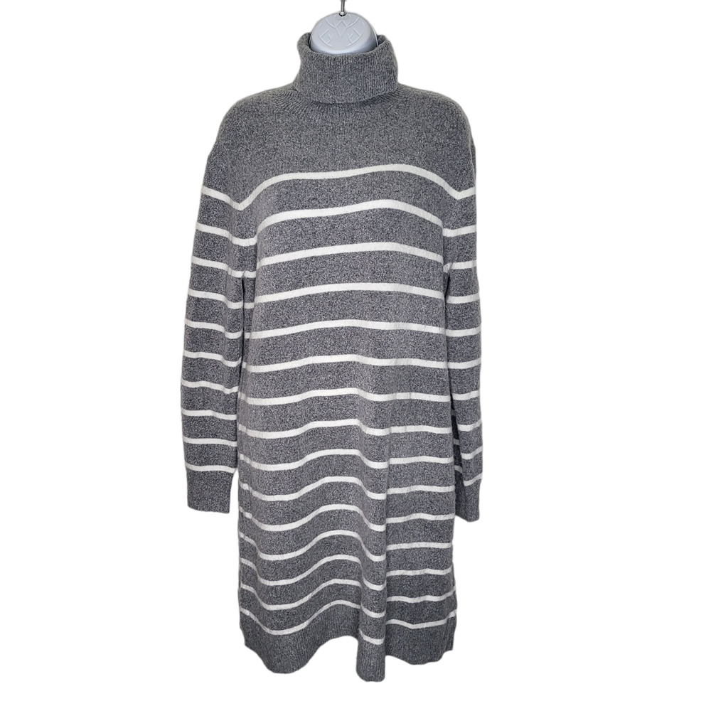 J.Crew Sweater Dress Women Large Gray White Striped turtleneck Pullover